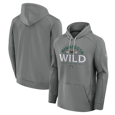 Men's Fanatics Gray Minnesota Wild 2025 Stanley Cup Playoffs Authentic Pro Rink Fly Fleece Pullover Hoodie