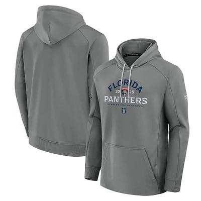 Men's Fanatics Gray Florida Panthers 2025 Stanley Cup Playoffs Authentic Pro Rink Fly Fleece Pullover Hoodie