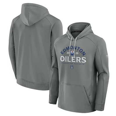 Men's Fanatics Gray Edmonton Oilers 2025 Stanley Cup Playoffs Authentic Pro Rink Fly Fleece Pullover Hoodie