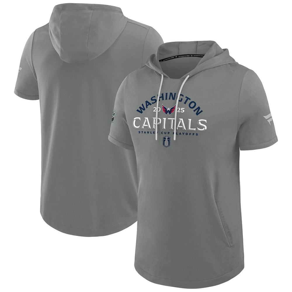 Men's Fanatics Gray Washington Capitals 2025 Stanley Cup Playoffs Authentic Pro Road Performance Short Sleeve Pullover Hoodie