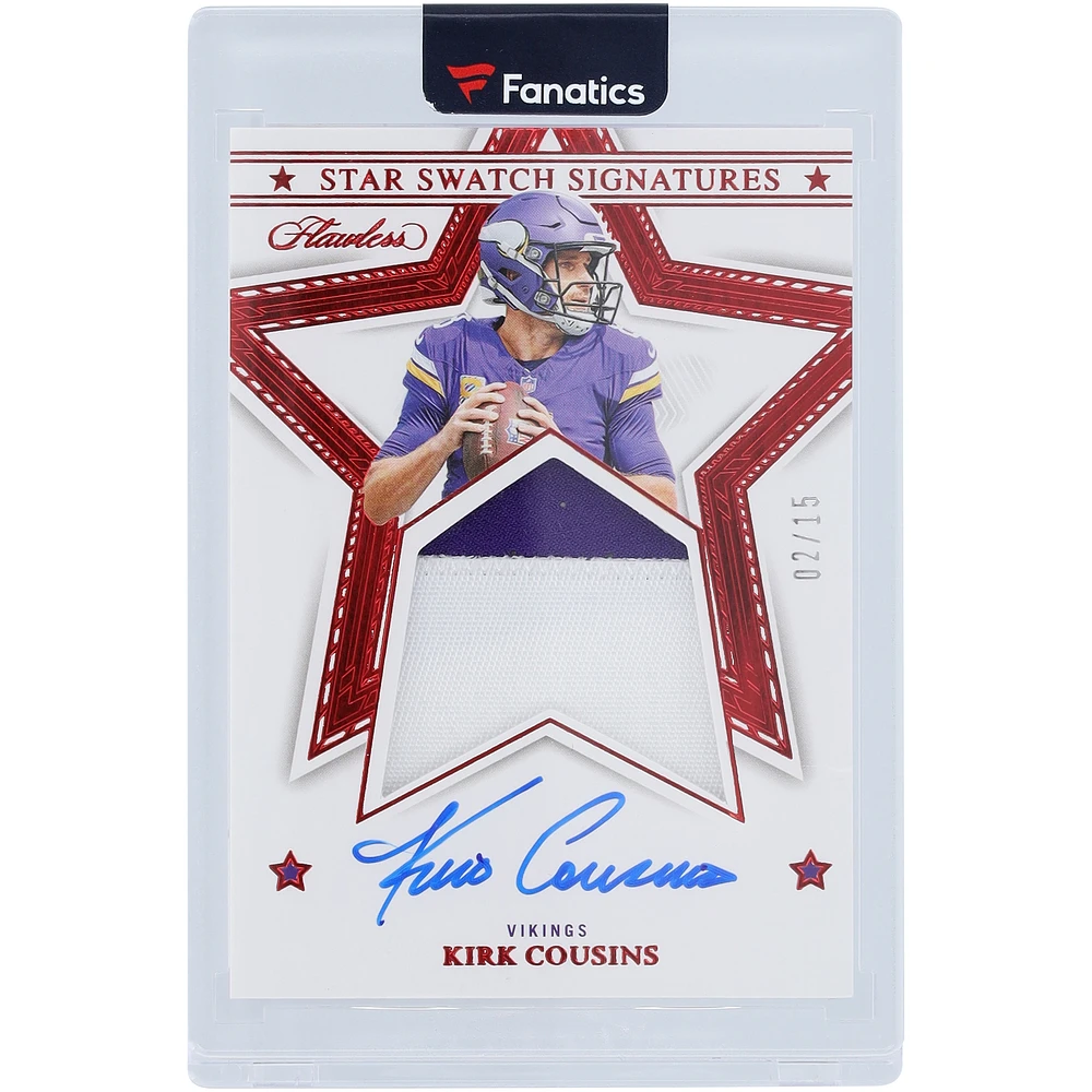 Kirk Cousins Minnesota Vikings Autographed 2023 Panini Flawless Ruby Star Swatch Signature 2 Color Relic #SS-KCO #2/15 Card