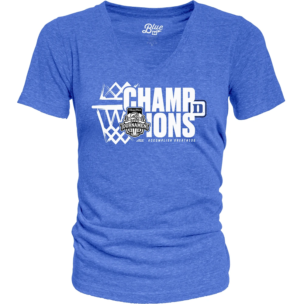 Women's Blue 84 Royal Duke Devils 2025 ACC Men's Basketball Conference Tournament Champions Tri-Blend V-Neck T-Shirt