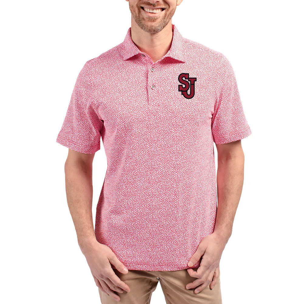 Men's Cutter & Buck Red St. John's Storm Virtue Eco Pique Botanical Print Recycled DryTec Polo