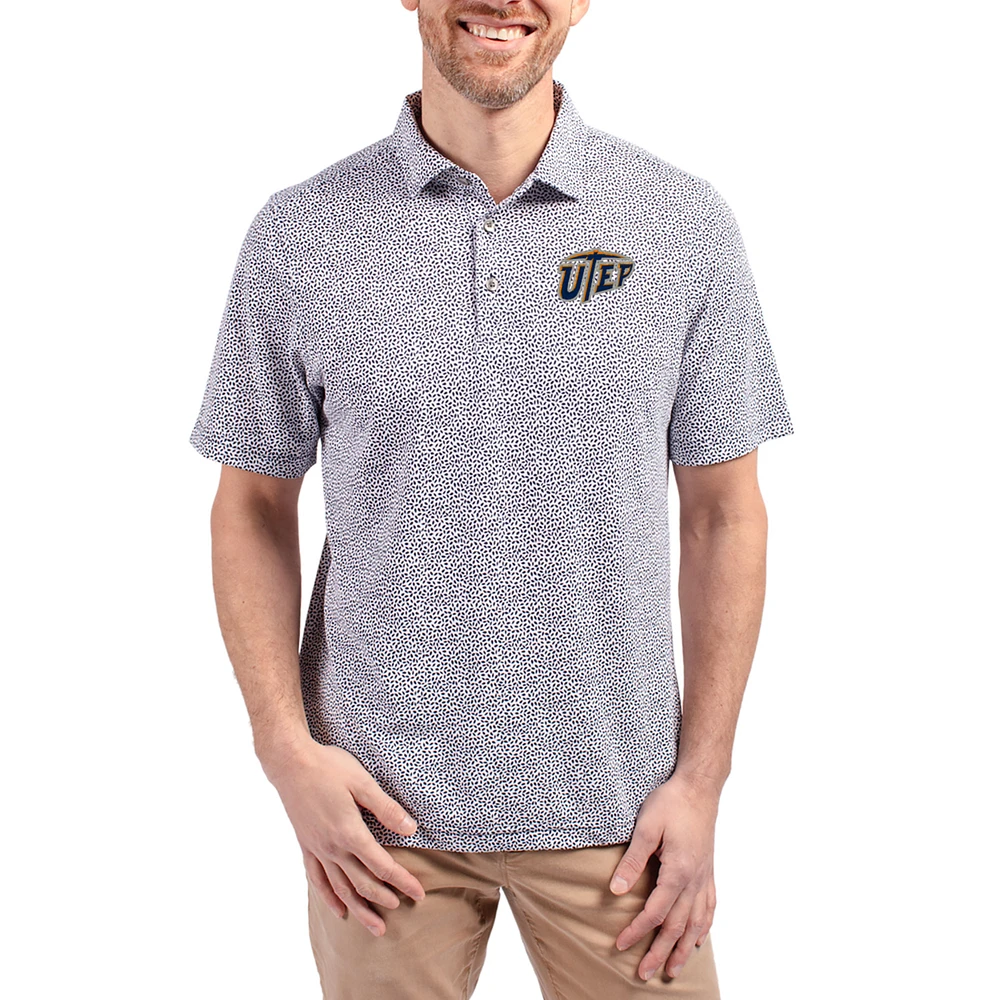 Men's Cutter & Buck Navy UTEP Miners Virtue Eco Pique Botanical Print Recycled DryTec Polo