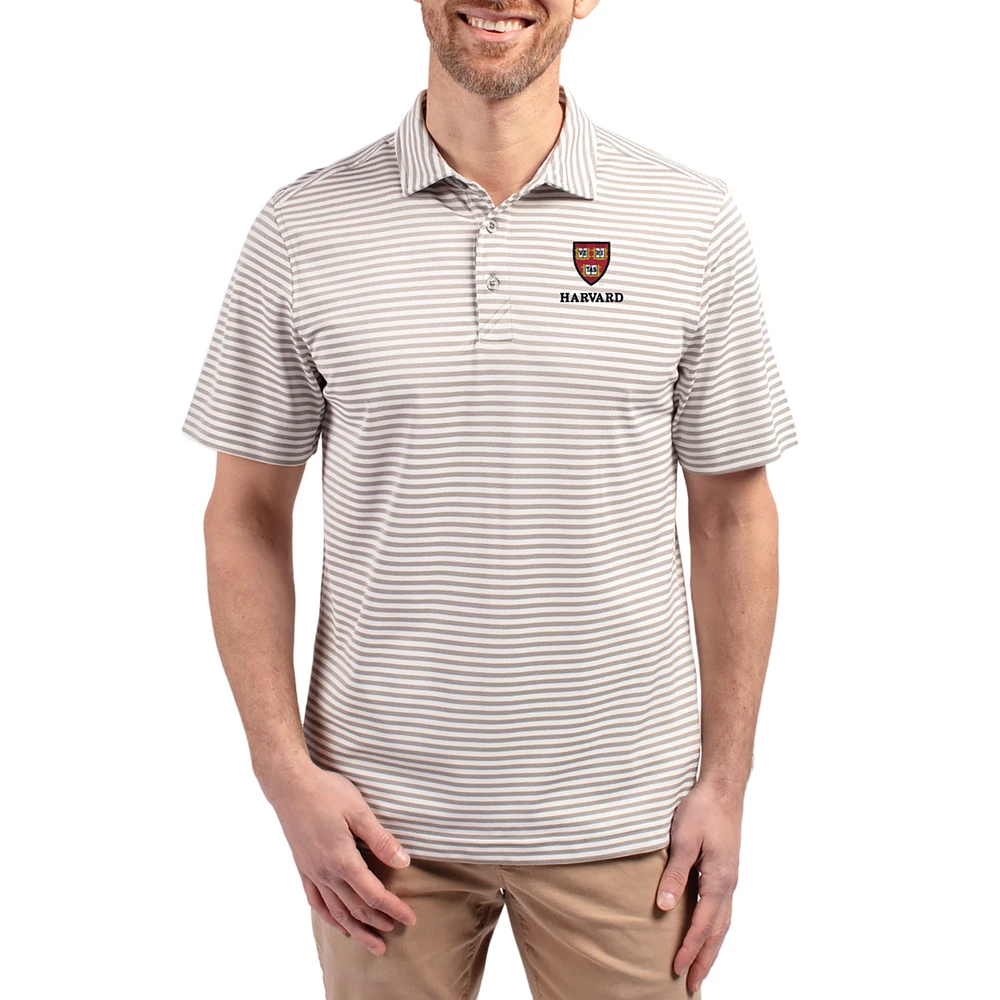 Men's Cutter & Buck Gray Harvard Crimson Virtue Eco Pique Stripe Recycled DryTec Polo
