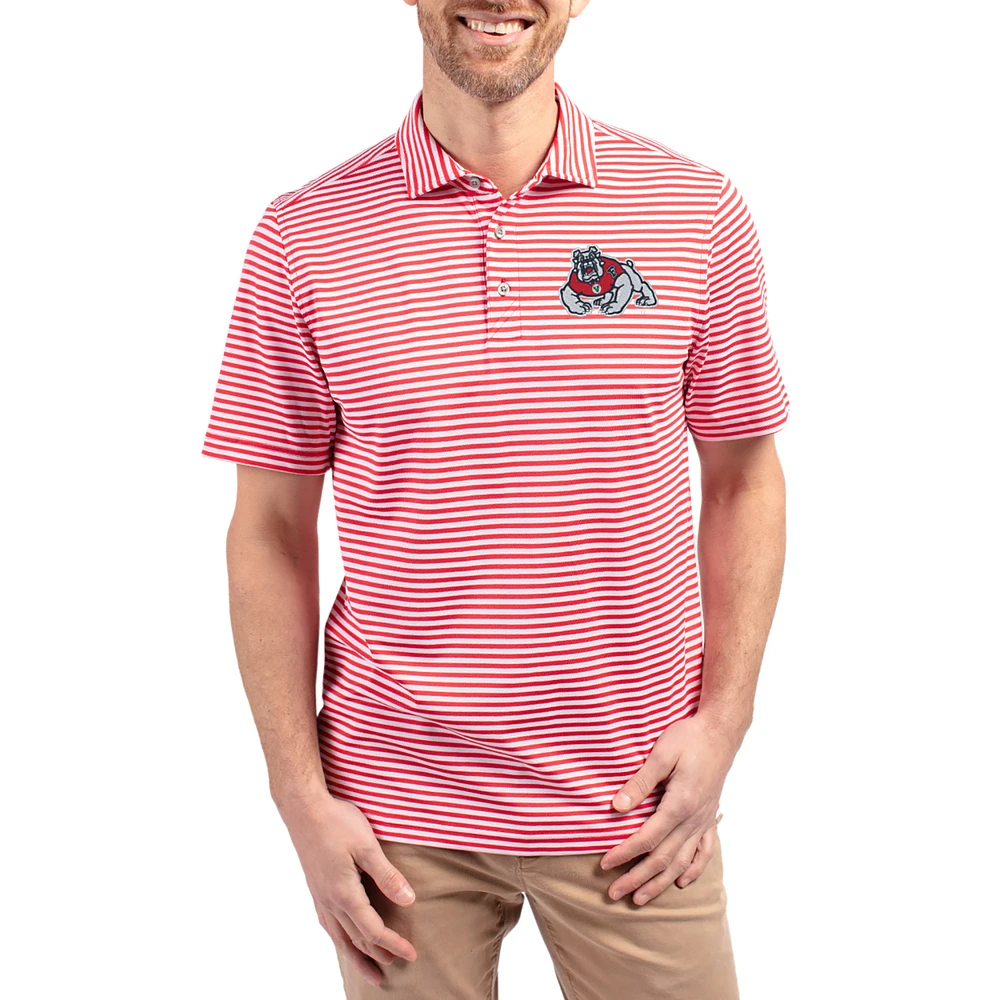 Men's Cutter & Buck Red Fresno State Bulldogs Virtue Eco Pique Stripe Recycled DryTec Polo