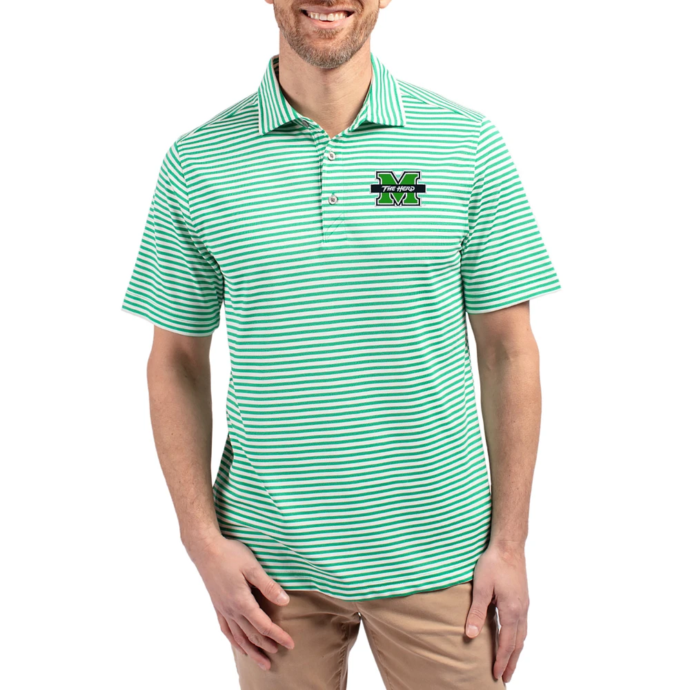 Men's Cutter & Buck Kelly Green Marshall Thundering Herd Virtue Eco Pique Stripe Recycled DryTec Polo
