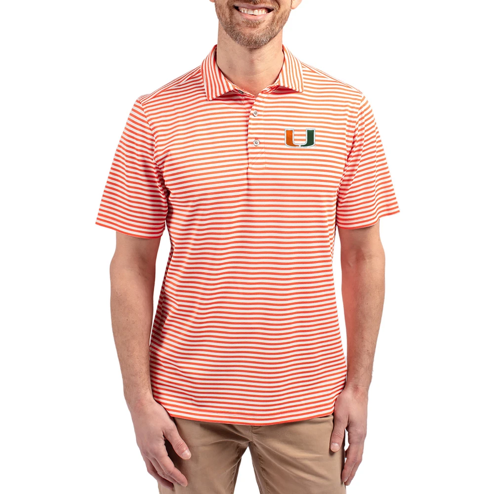 Men's Cutter & Buck Orange Miami Hurricanes Virtue Eco Pique Stripe Recycled DryTec Polo