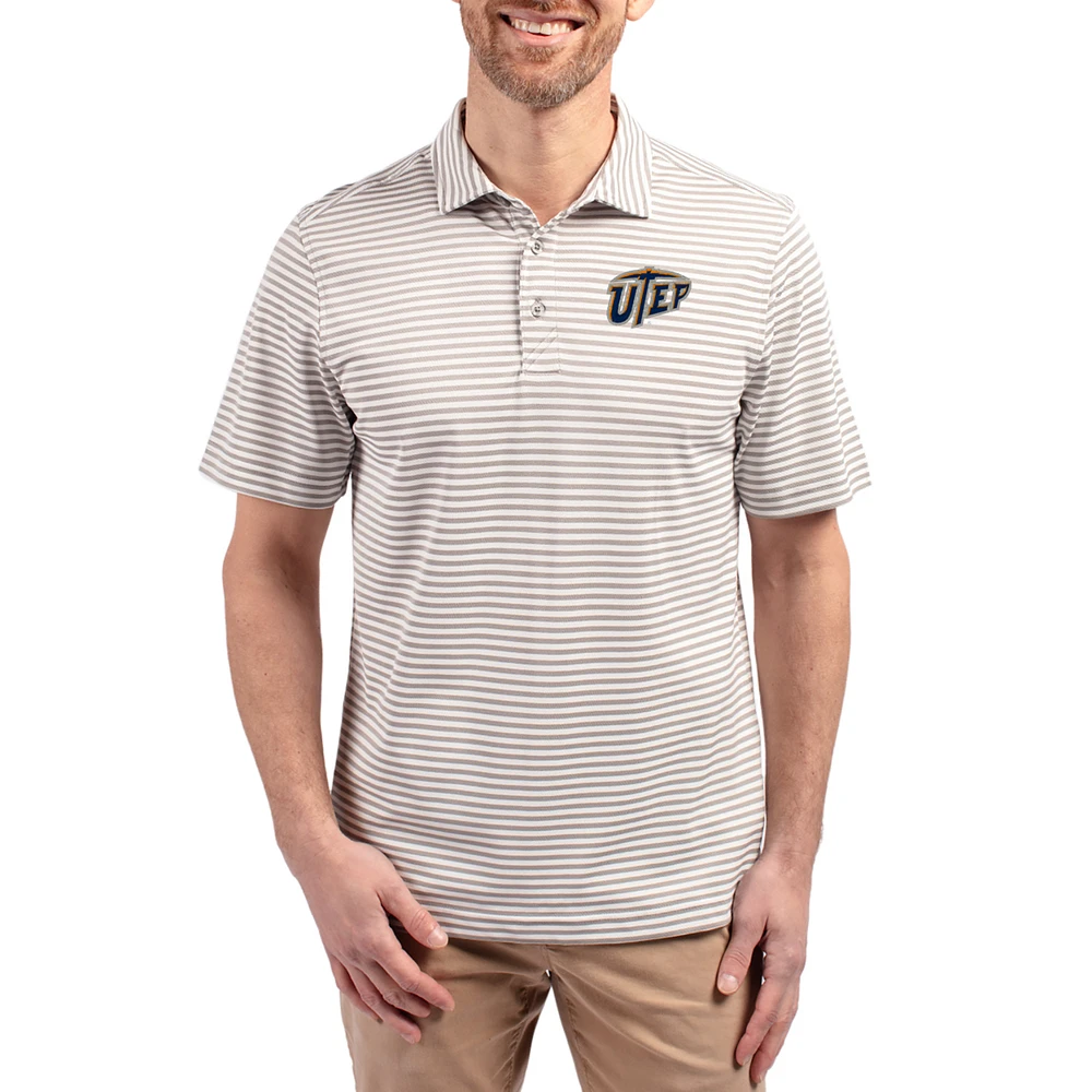 Men's Cutter & Buck Gray UTEP Miners Virtue Eco Pique Stripe Recycled DryTec Polo