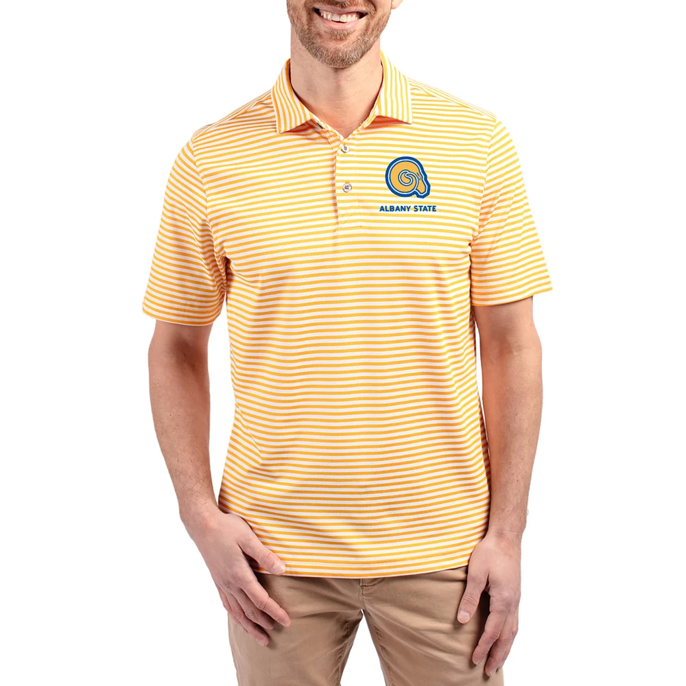 Men's Cutter & Buck Gold Albany State Golden Rams Virtue Eco Pique Stripe Recycled DryTec Polo
