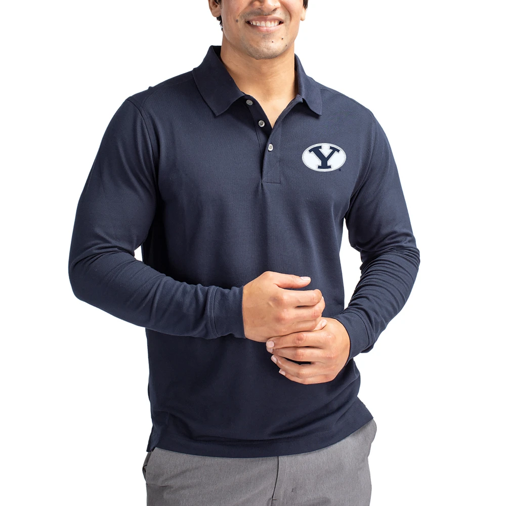 Men's Cutter & Buck Navy BYU Cougars Advantage Eco Tri-Blend Pique Long Sleeve Polo