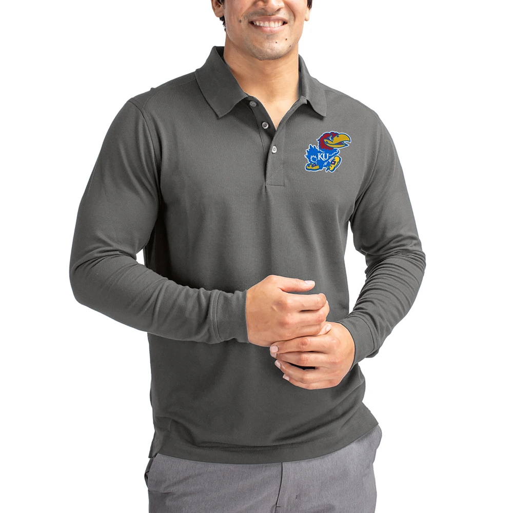 Men's Cutter & Buck Kansas Jayhawks Advantage Eco Tri-Blend Pique Long Sleeve Polo