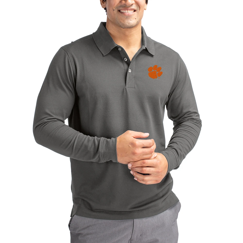 Men's Cutter & Buck Clemson Tigers Advantage Eco Tri-Blend Pique Long Sleeve Polo