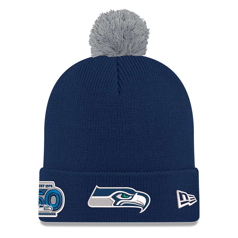 Men's New Era College Navy Seattle Seahawks 50th Season Cuffed Pom Knit Hat