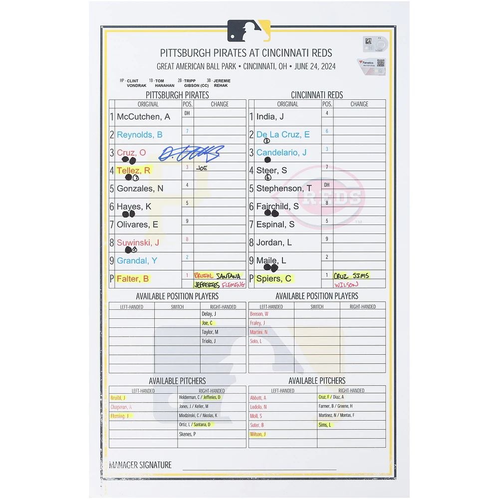 Oneil Cruz Pittsburgh Pirates Autographed Game-Used Lineup Card vs. Cincinnati Reds on June 24, 2024