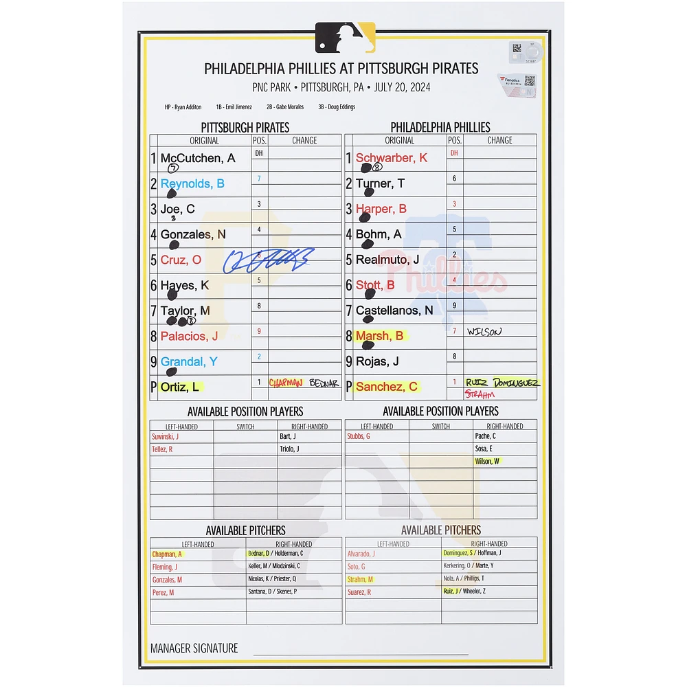 Oneil Cruz Pittsburgh Pirates Autographed Game-Used Lineup Card vs. Philadelphia Phillies on July 20, 2024