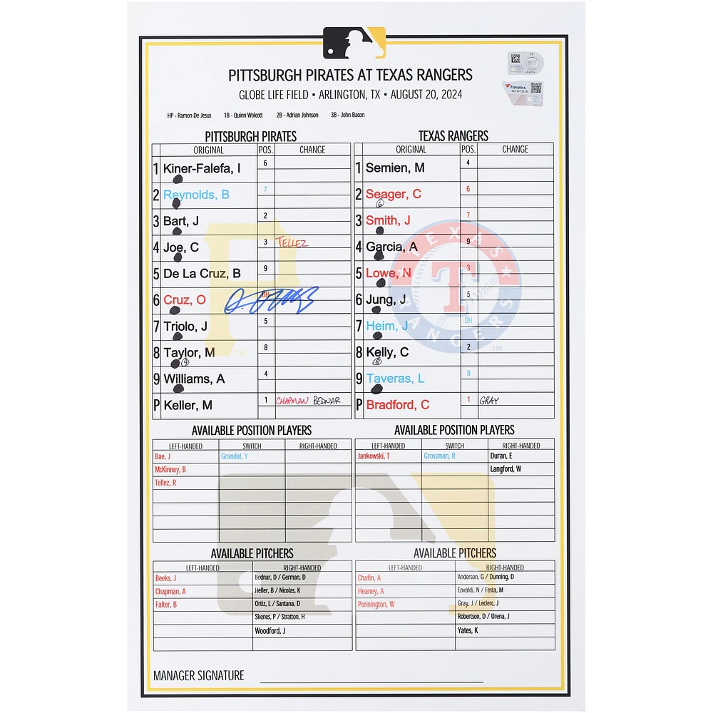 Oneil Cruz Pittsburgh Pirates Autographed Game-Used Lineup Card vs. Texas Rangers on August 20, 2024