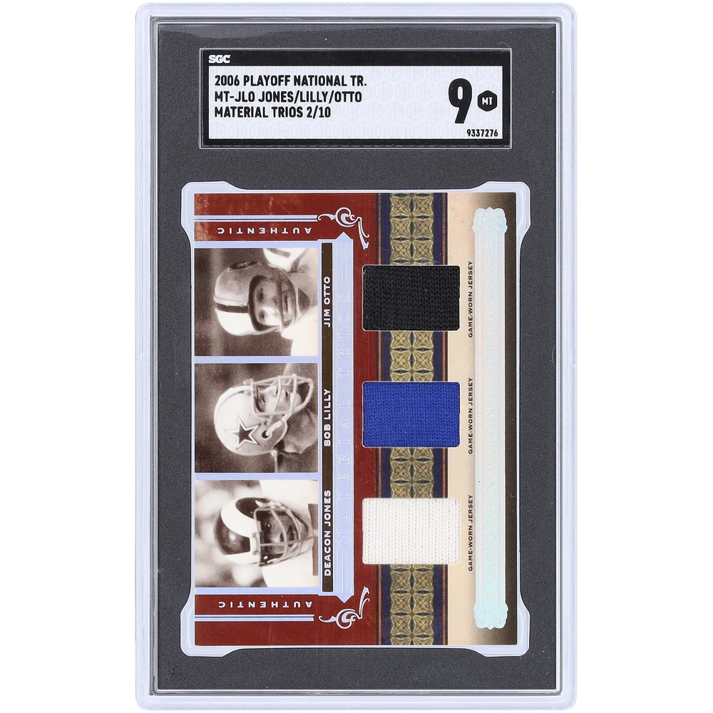Deacon Jones, Bob Lilly and Jim Otto 2006 Playoff National Treasures Materials Trio Triple 3 Color Relics #MT-JLO #2/10 SGC Authenticated 9 Card