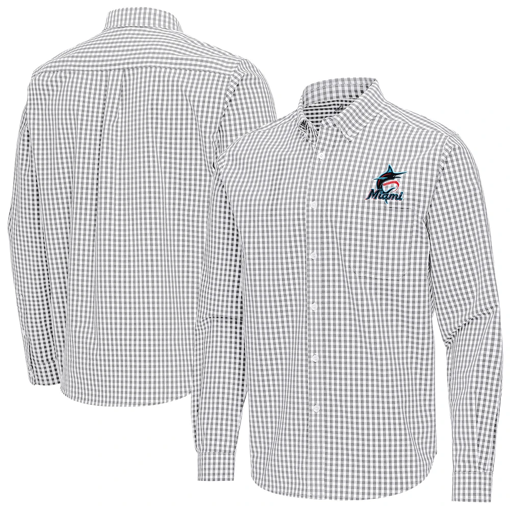 Men's Antigua Gray Miami Marlins Ellis Woven Tri-Blend Button-Down Shirt