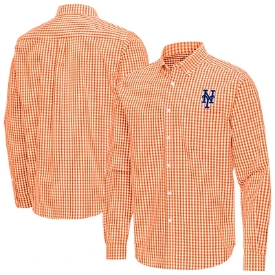 Men's Antigua Orange New York Mets Ellis Woven Tri-Blend Button-Down Shirt