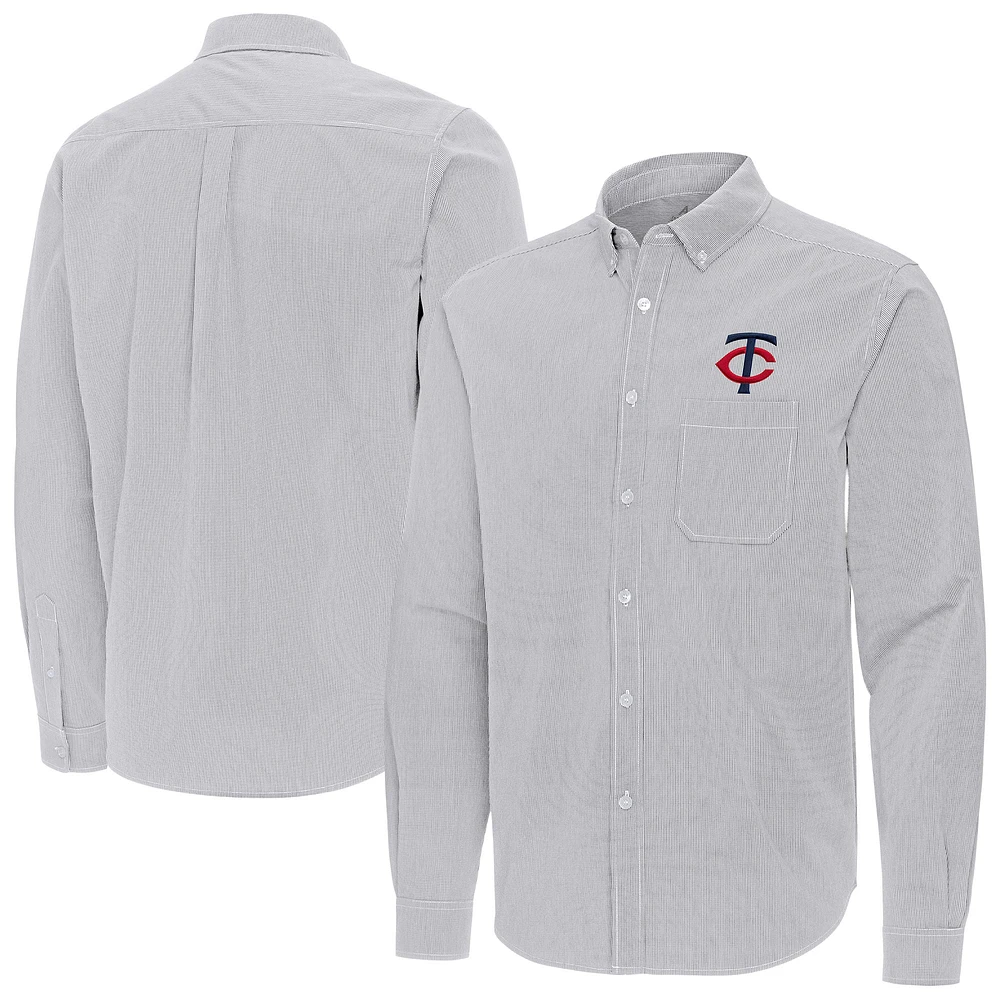 Men's Antigua Gray Minnesota Twins Porter Woven Long Sleeve Button-Down Shirt