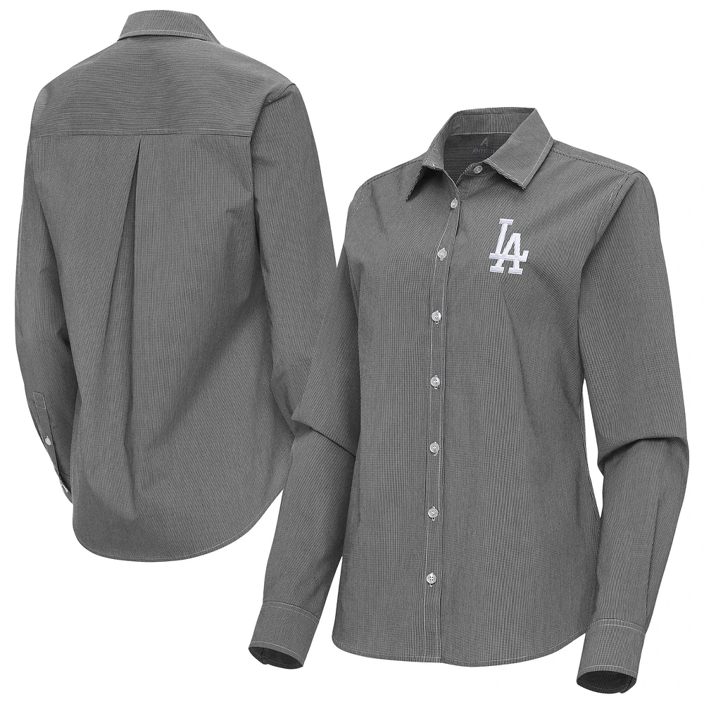 Women's Antigua Black Los Angeles Dodgers Porter Woven Long Sleeve Button-Up Shirt