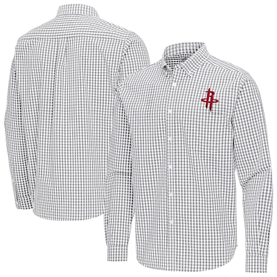 Men's Antigua Gray Houston Rockets Ellis Woven Tri-Blend Button-Down Shirt
