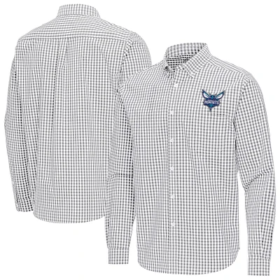 Men's Antigua Gray Charlotte Hornets Ellis Woven Tri-Blend Button-Down Shirt