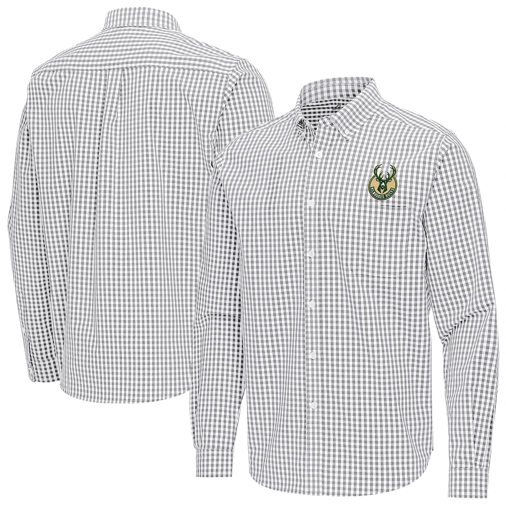 Men's Antigua Gray Milwaukee Bucks Ellis Woven Tri-Blend Button-Down Shirt
