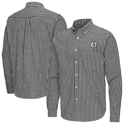 Men's Antigua Black Brooklyn Nets Ellis Woven Tri-Blend Button-Down Shirt