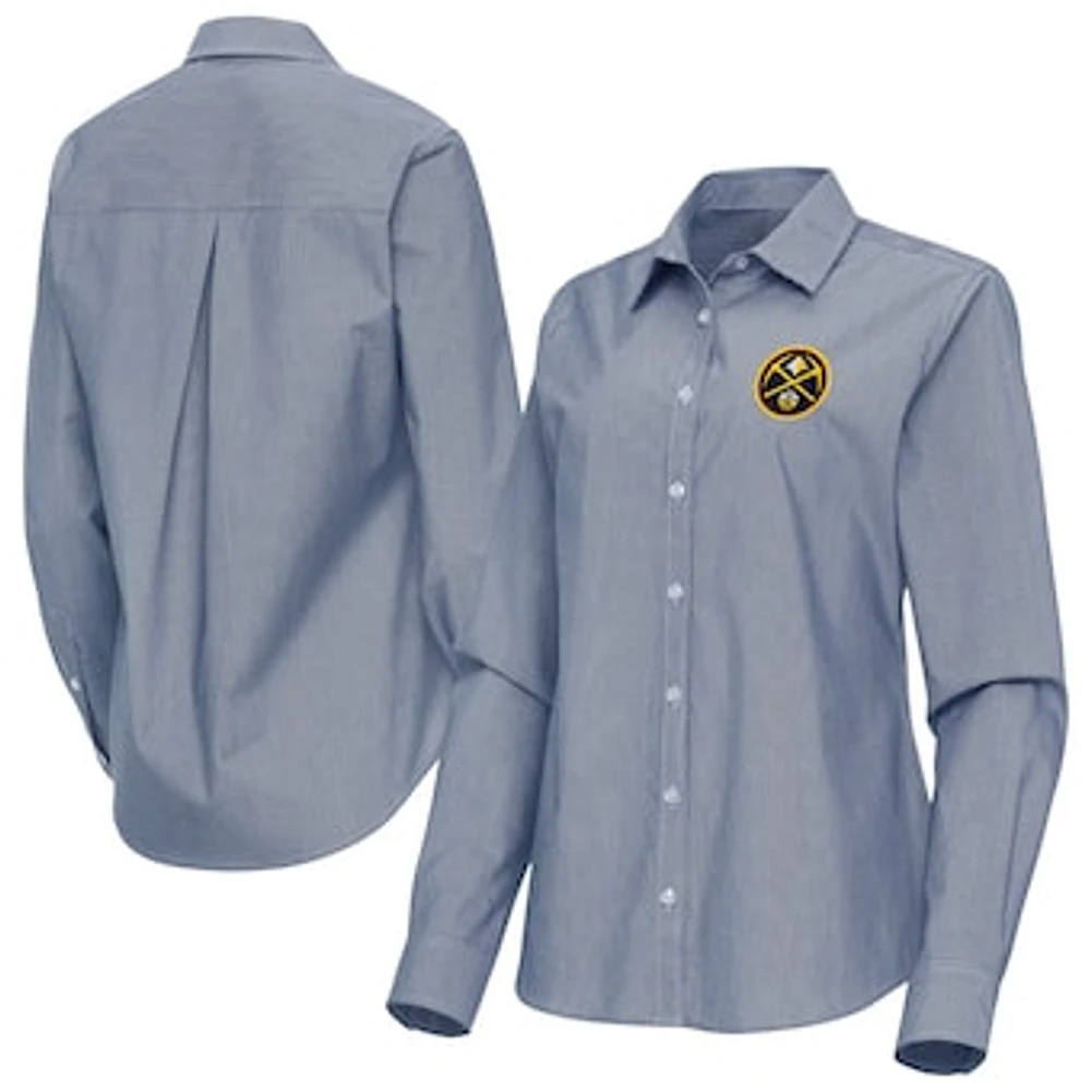 Women's Antigua Navy Denver Nuggets Porter Woven Long Sleeve Button-Up Shirt