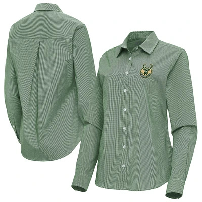 Women's Antigua Hunter Green Milwaukee Bucks Porter Woven Long Sleeve Button-Up Shirt