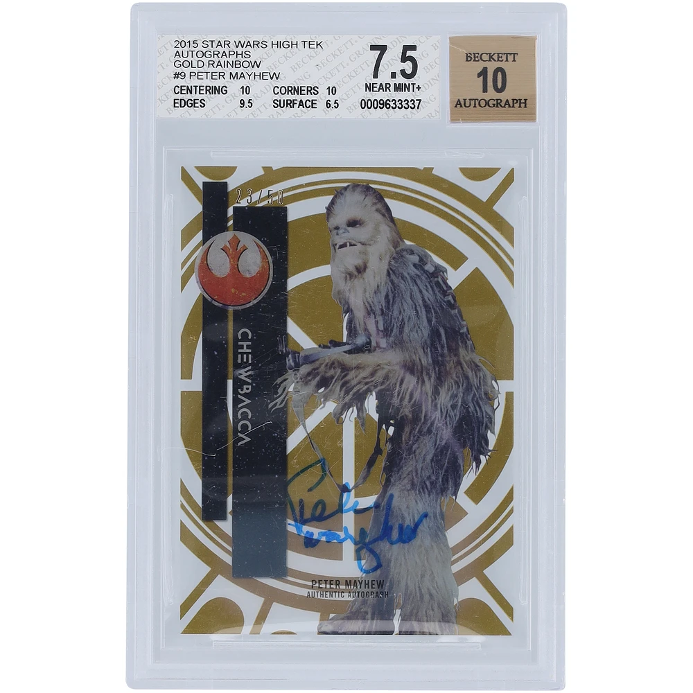 Peter Mayhew Autographed 2015 Topps Star Wars High Tek Gold Rainbow #9 #23/50 BGS Authenticated 7.5/10 Card