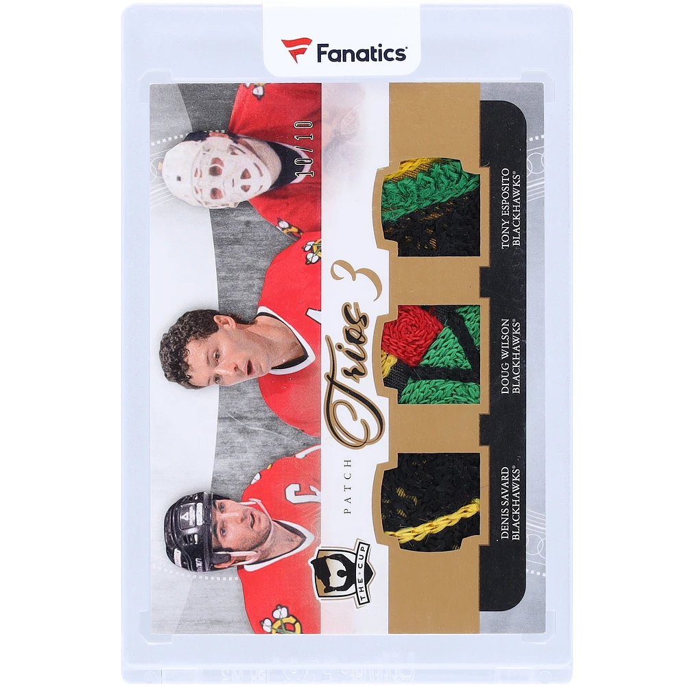 Denis Savard, Doug Wilson and Tony Esposito Chicago Blackhawks 2011-12 Upper Deck The Cup Triple Game Used Relics #C3-BHAWKS #10/10 Card