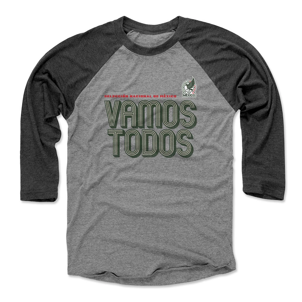 Men's 500 Level Heather Gray/Black Mexico National Team Vamos Todos Inline Bold 3/4-Sleeve Tri-Blend Baseball T-Shirt