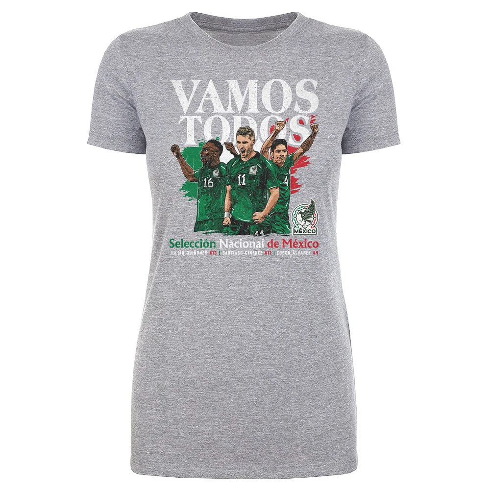 Women's 500 Level Heather Gray Mexico National Team Vamos Todos Julián Quiñones, Santiago Giménez & Edson Álvarez T-Shirt