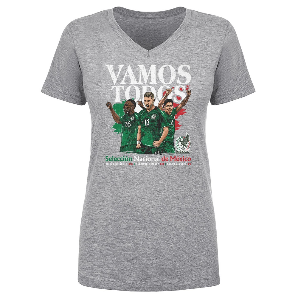 Women's 500 Level Heather Gray Mexico National Team Vamos Todos Julián Quiñones, Santiago Giménez & Edson Álvarez V-Neck T-Shirt