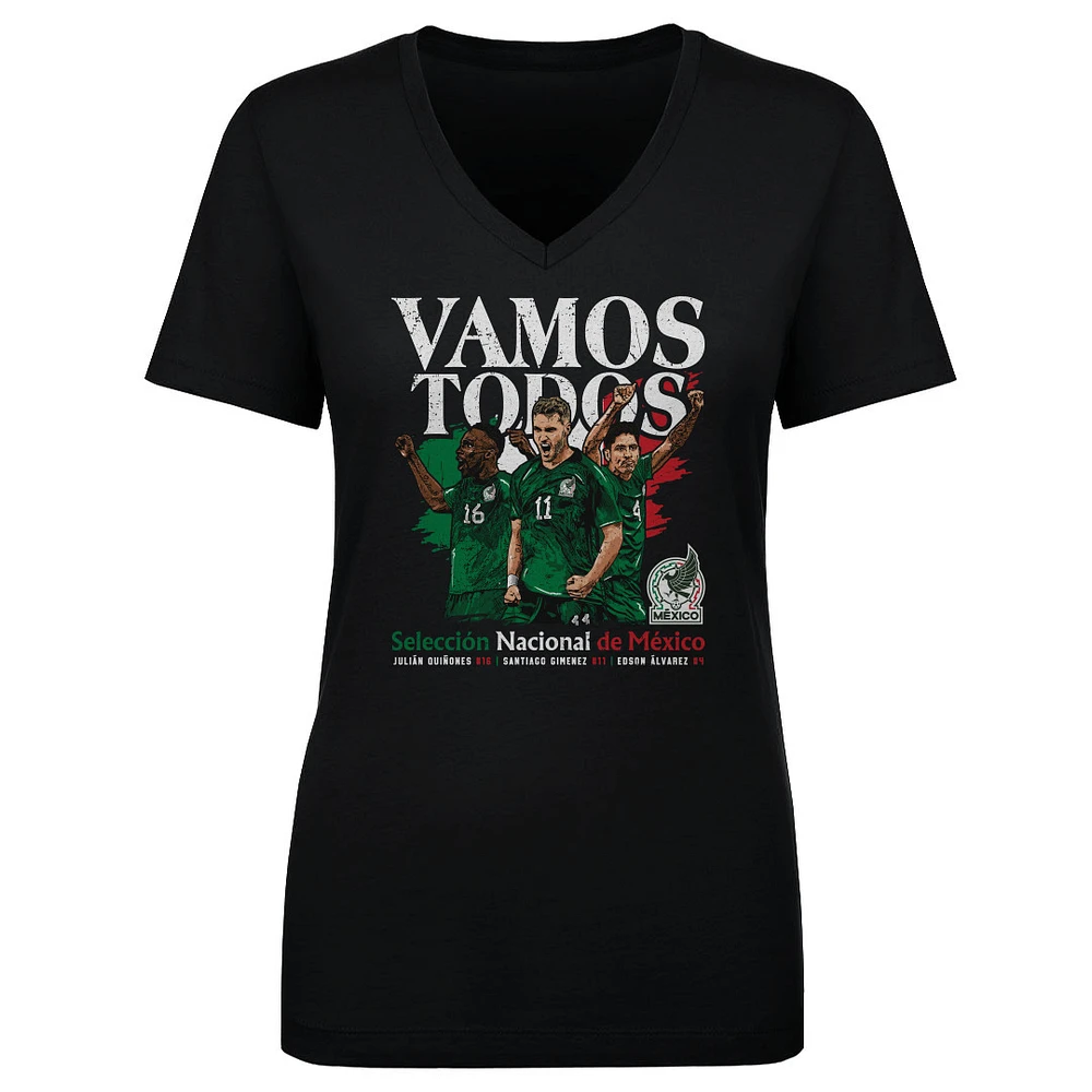 Women's 500 Level Black Mexico National Team Vamos Todos Julián Quiñones, Santiago Giménez & Edson Álvarez V-Neck T-Shirt