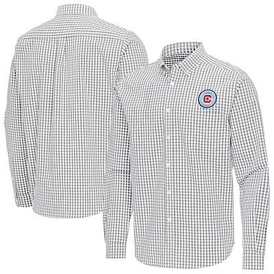 Men's Antigua Gray Chicago Fire Ellis Tri-Blend Long Sleeve Button-Down Shirt