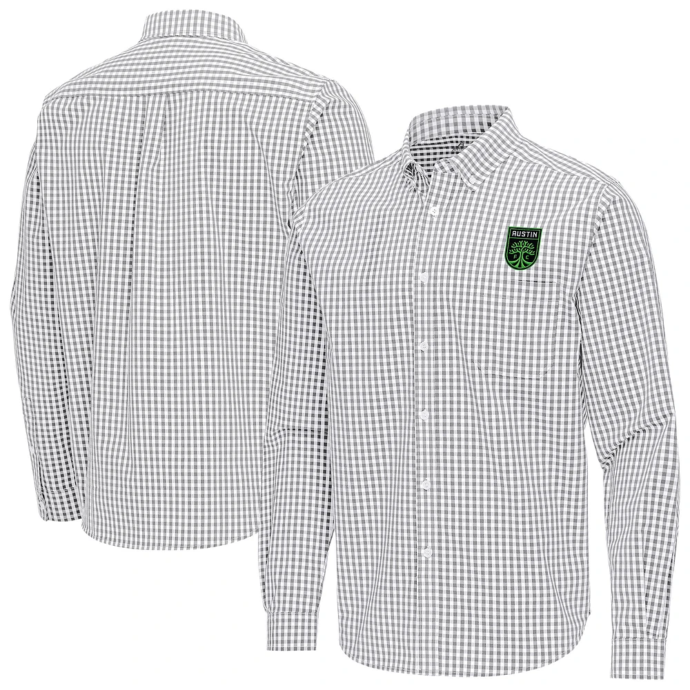 Men's Antigua Gray Austin FC Ellis Tri-Blend Long Sleeve Button-Down Shirt
