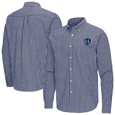 Men's Antigua Navy Sporting Kansas City Ellis Tri-Blend Long Sleeve Button-Down Shirt