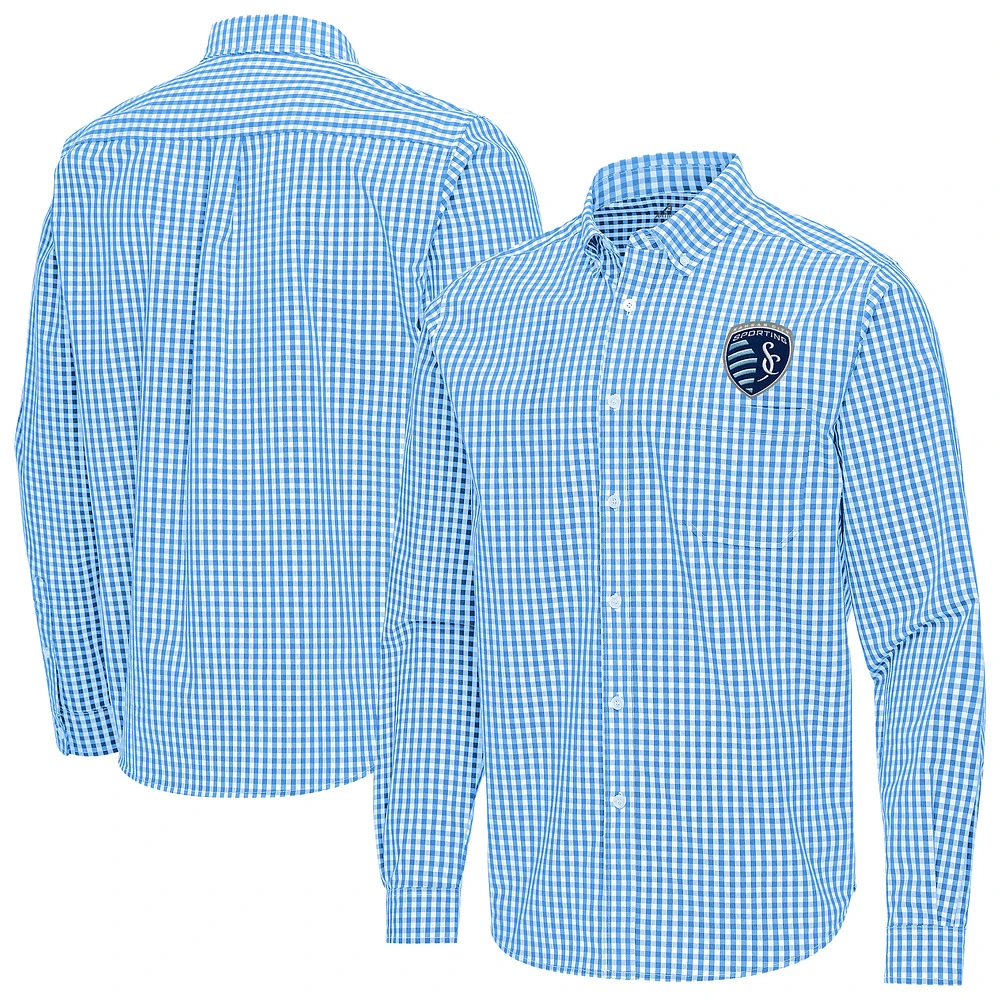 Men's Antigua Sky Blue Sporting Kansas City Ellis Tri-Blend Long Sleeve Button-Down Shirt