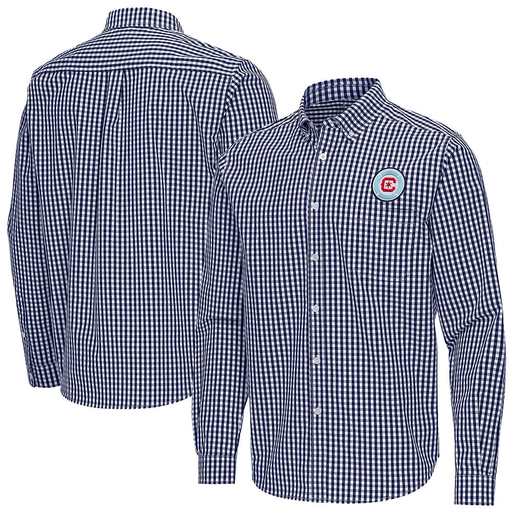 Men's Antigua Navy Chicago Fire Ellis Tri-Blend Long Sleeve Button-Down Shirt