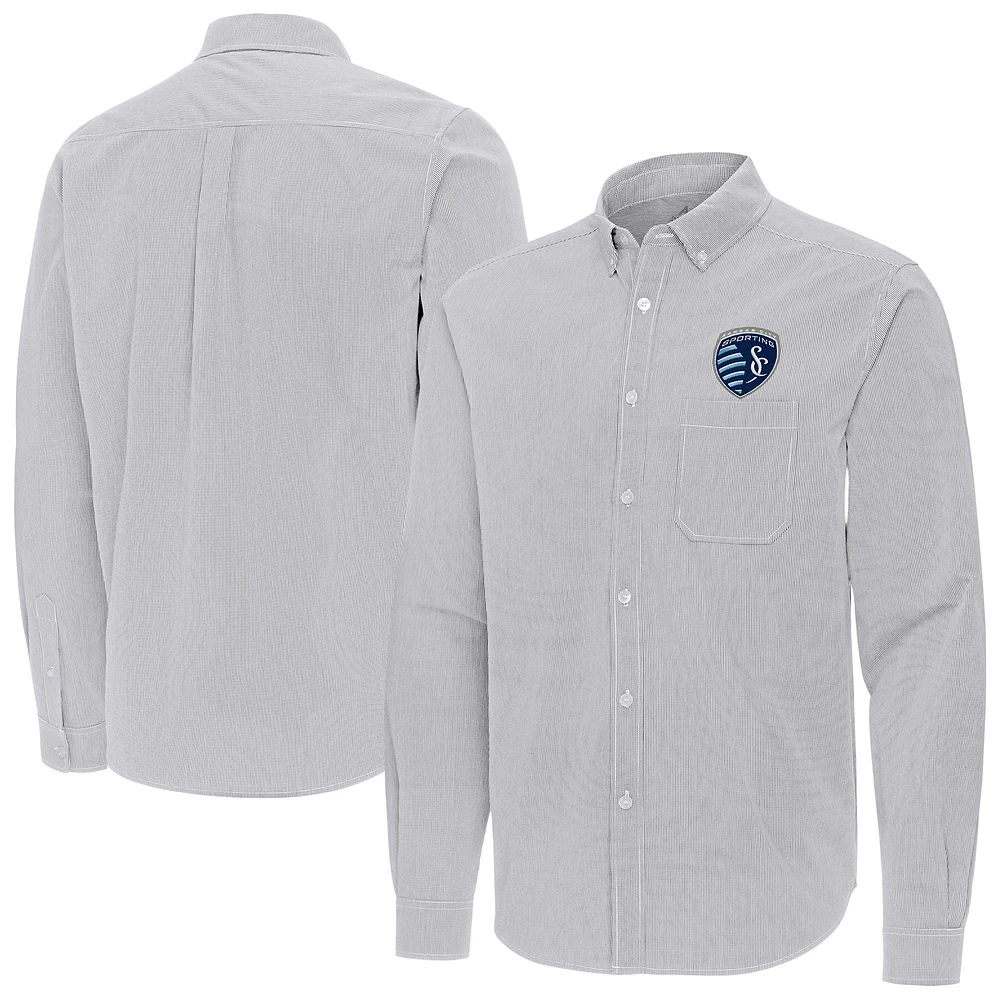 Men's Antigua Gray Sporting Kansas City Porter Woven Tri-Blend Long Sleeve Button-Down Shirt