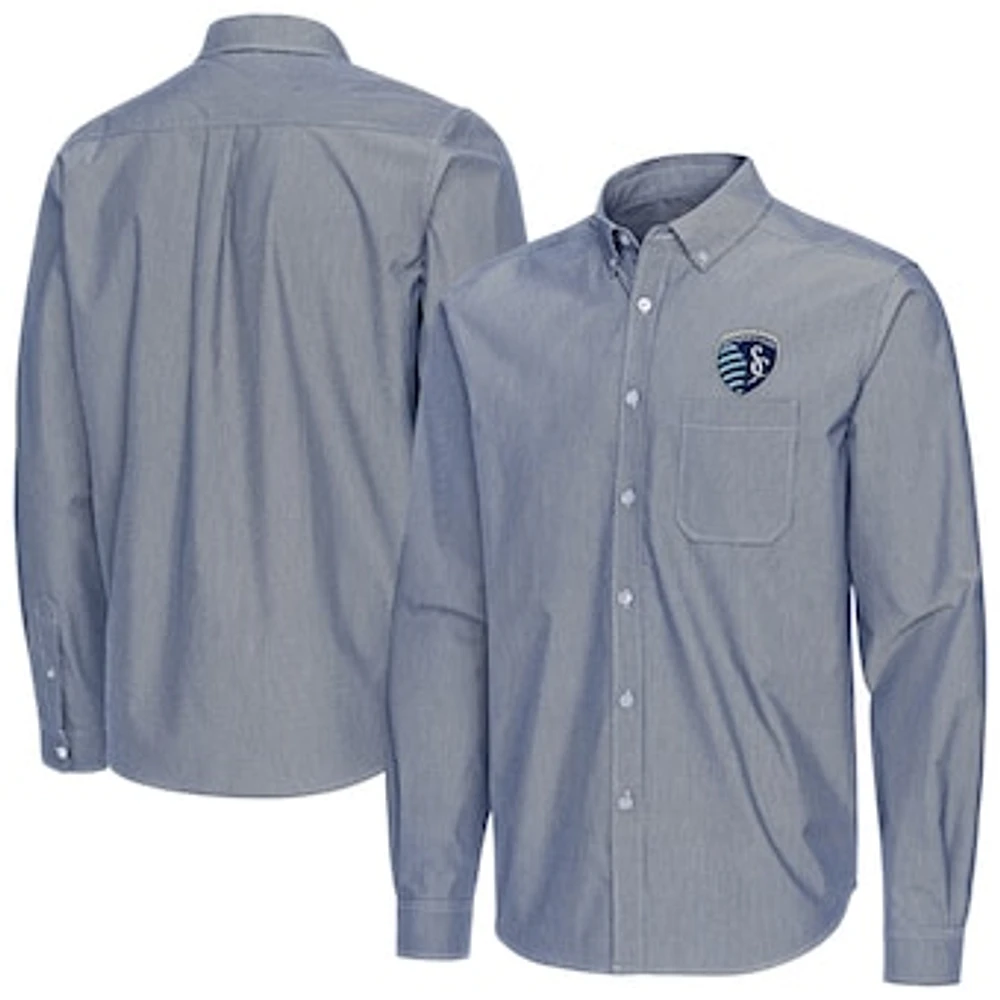 Men's Antigua Navy Sporting Kansas City Porter Woven Tri-Blend Long Sleeve Button-Down Shirt