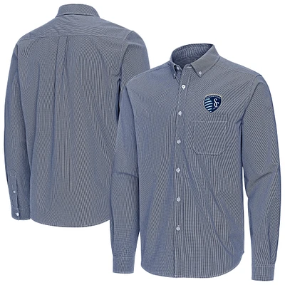 Men's Antigua Navy Sporting Kansas City Porter Woven Tri-Blend Long Sleeve Button-Down Shirt