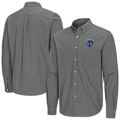 Men's Antigua Sporting Kansas City Porter Woven Tri-Blend Long Sleeve Button-Down Shirt