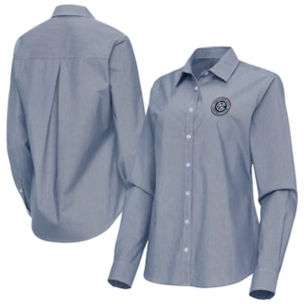 Women's Antigua Navy New York City FC Porter Woven Tri-Blend Long Sleeve Button-Up Shirt