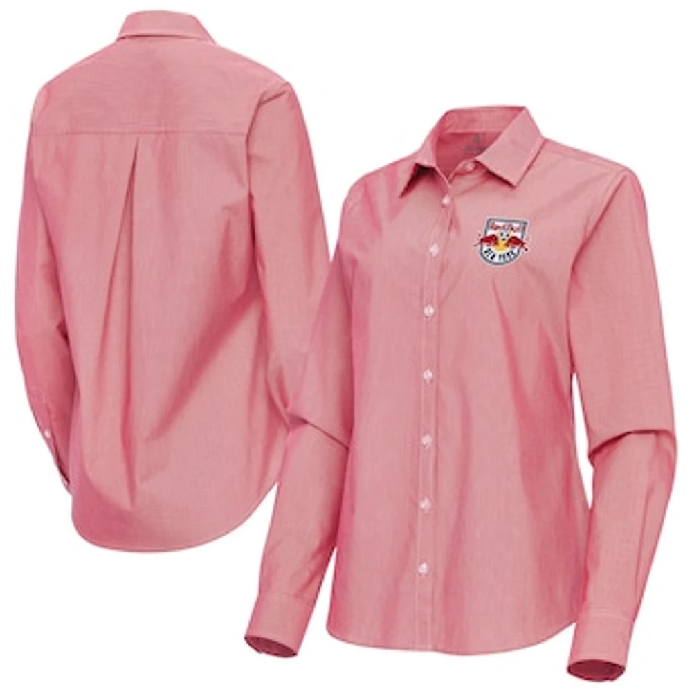 Women's Antigua Red New York Bulls Porter Woven Tri-Blend Long Sleeve Button-Up Shirt