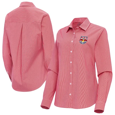 Women's Antigua Red New York Bulls Porter Woven Tri-Blend Long Sleeve Button-Up Shirt